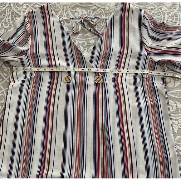 Luxology Blouse Women Medium Multicolor Red White Blue Vertical Stripe Tie Comfy - Picture 6 of 10